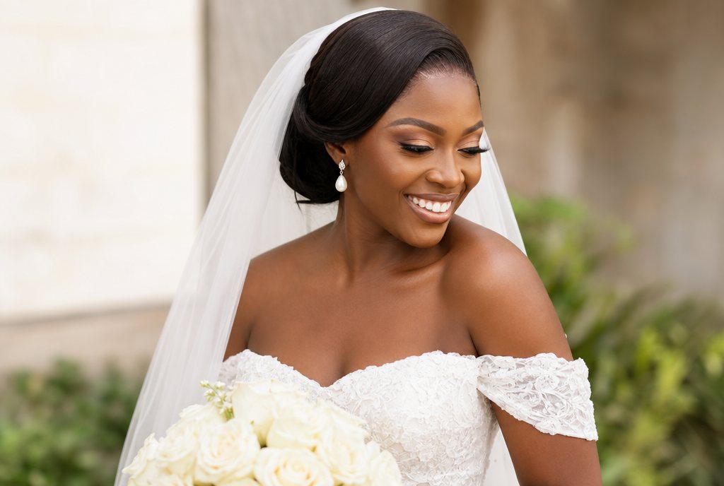 A smiling Ghanaian bride in a white veil holding white roses.