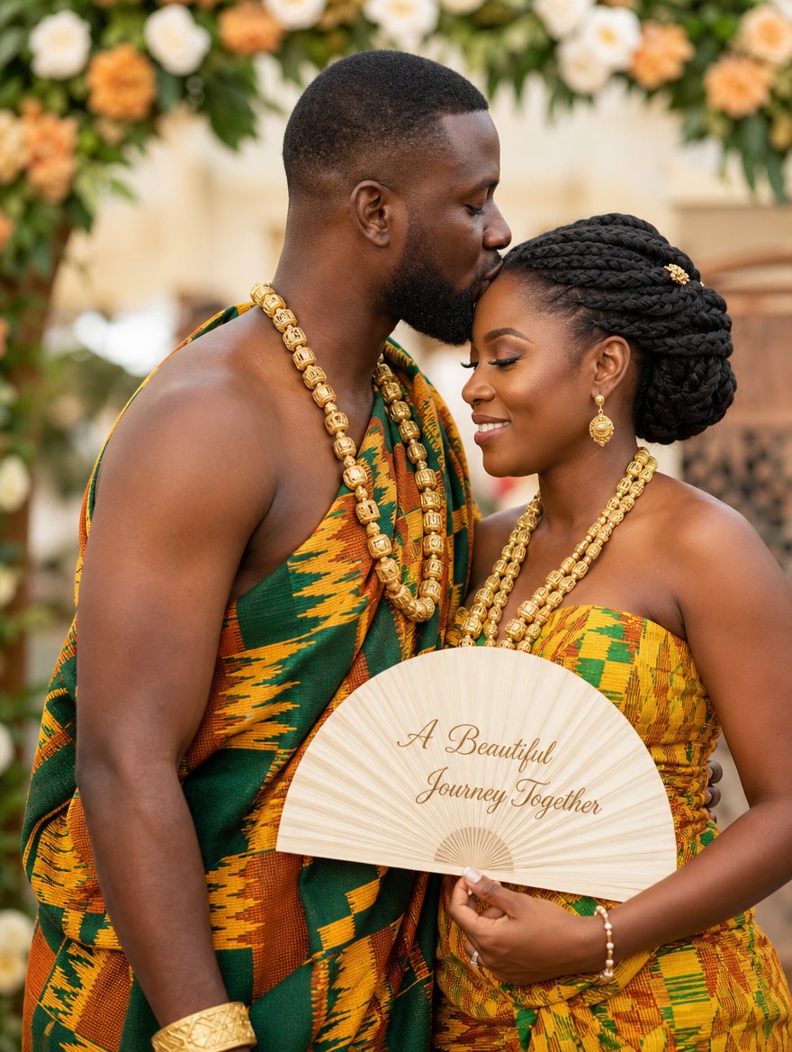 A Ghanaian couple in kente at their traditional engagement; the bride holds a fan reading 'A Beautiful Journey Together'.