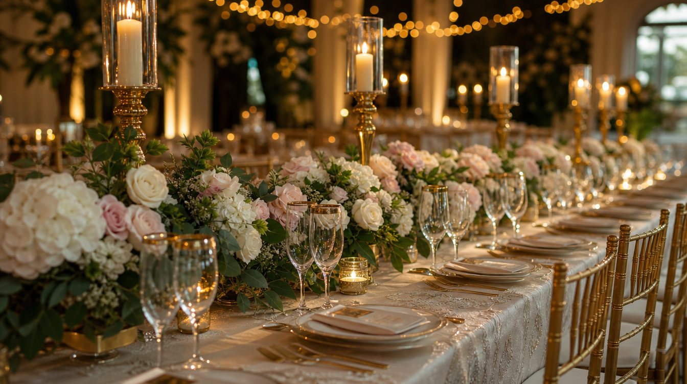 A candlelit wedding reception table with white flowers and gold chairs.